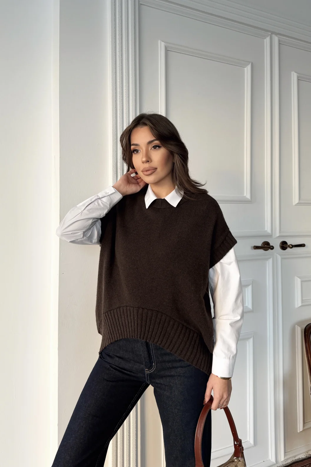 Dilvin Kahve Bisiklet Yaka Verev Triko Süveter