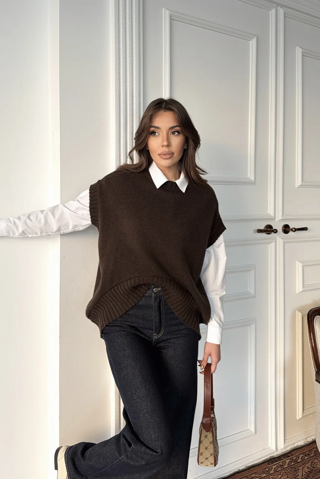 Dilvin Kahve Bisiklet Yaka Verev Triko Süveter