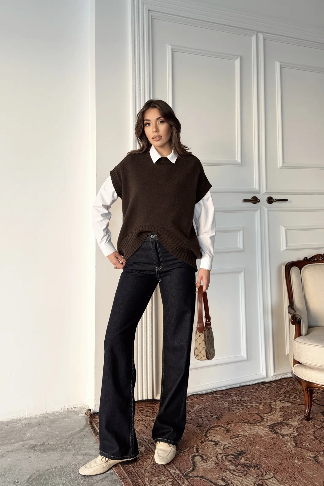 Dilvin Kahve Bisiklet Yaka Verev Triko Süveter