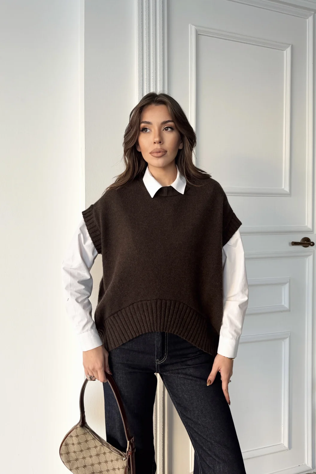 Dilvin Kahve Bisiklet Yaka Verev Triko Süveter