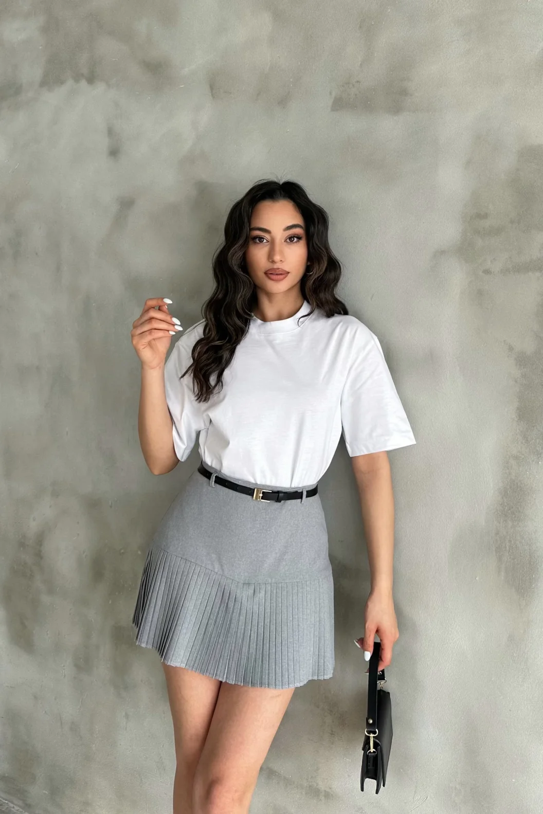 Gri Pile Detaylı Poliviskon Etek