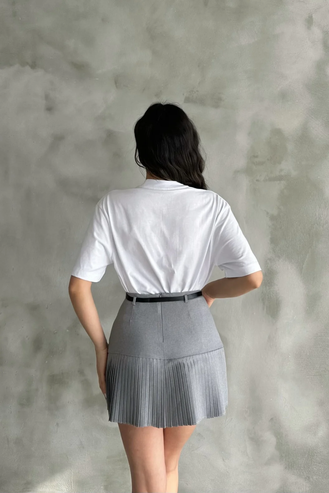 Gri Pile Detaylı Poliviskon Etek