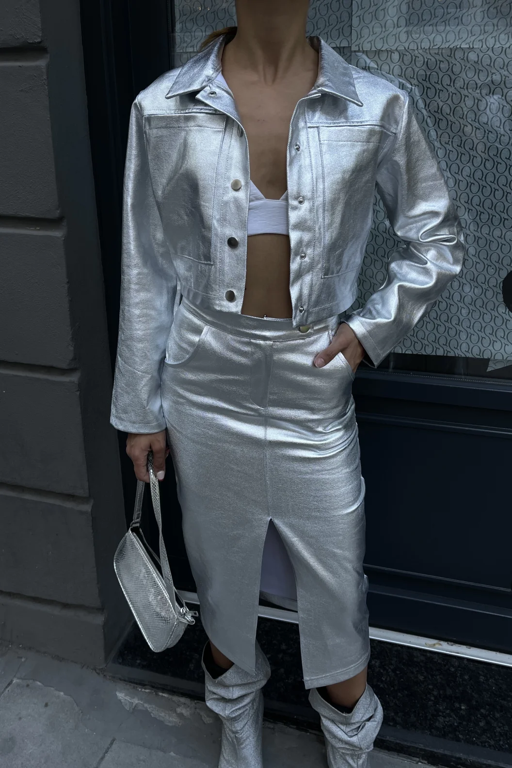 Gümüş Varak Önden Yırtmaçlı Etek