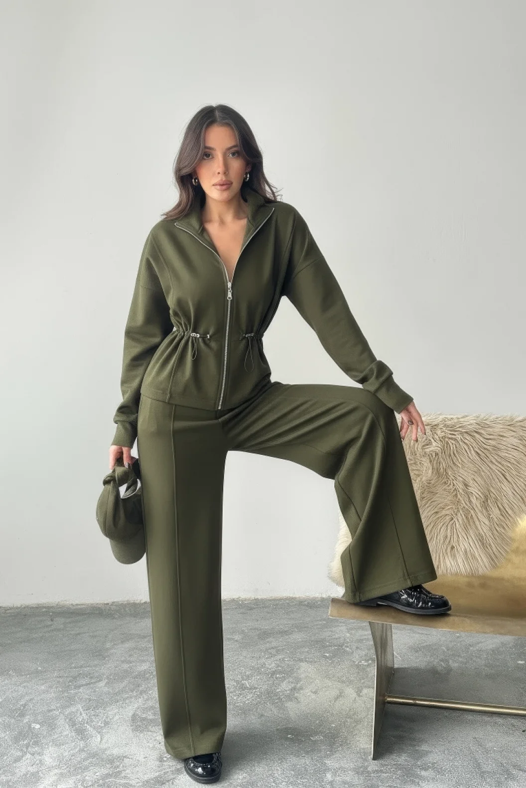 Haki Bel Büzgülü Modal Takım