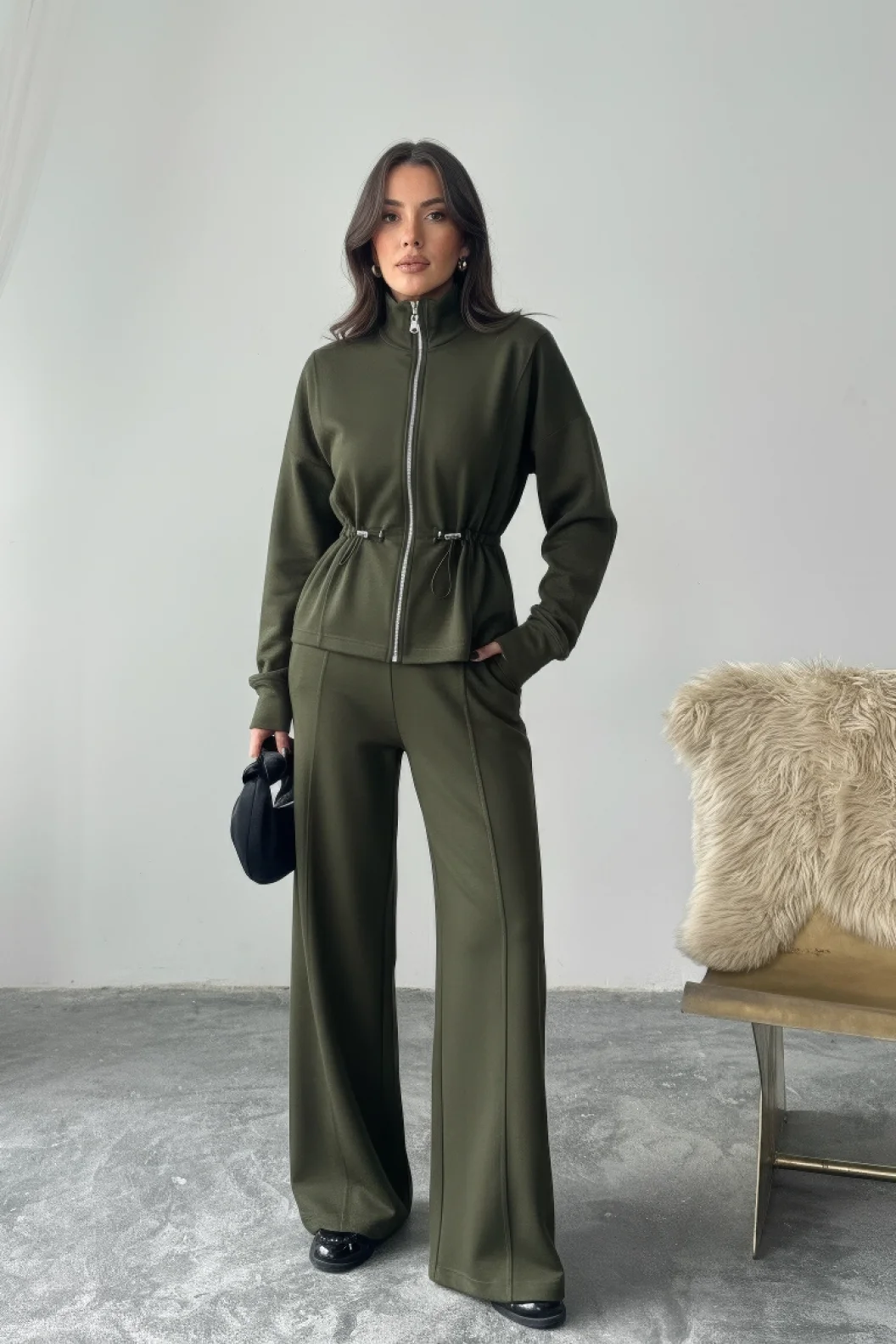 Haki Bel Büzgülü Modal Takım