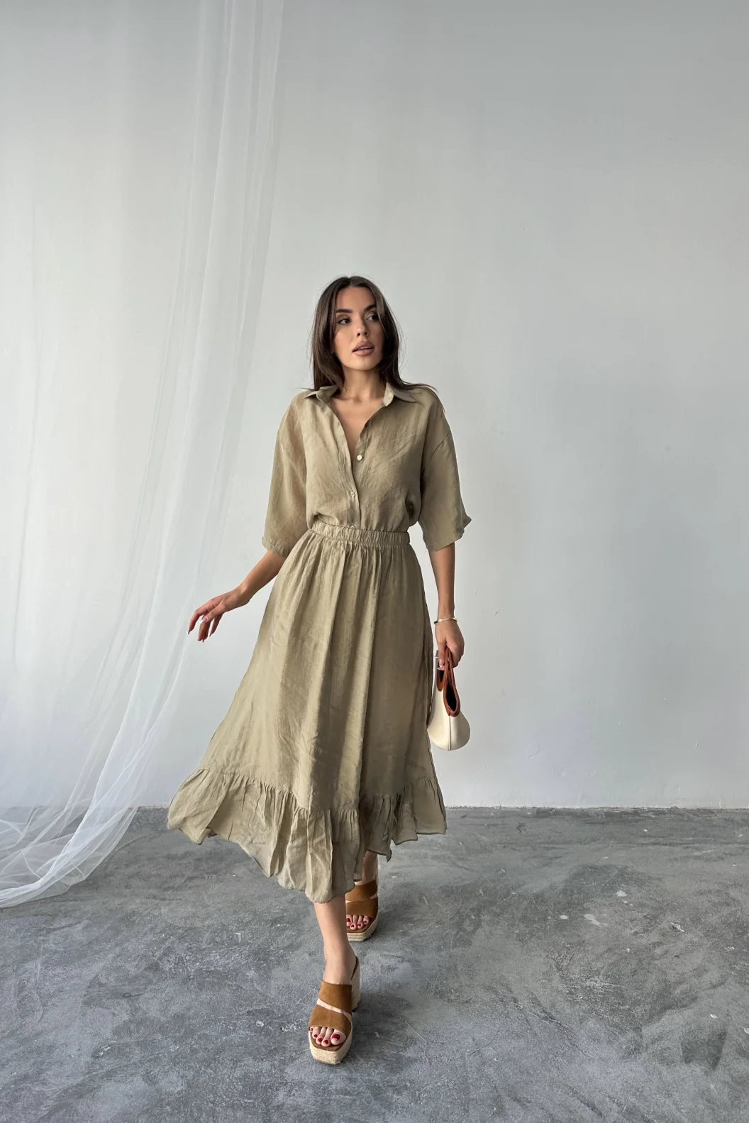 Haki Oversize Gömlek Etek Takım