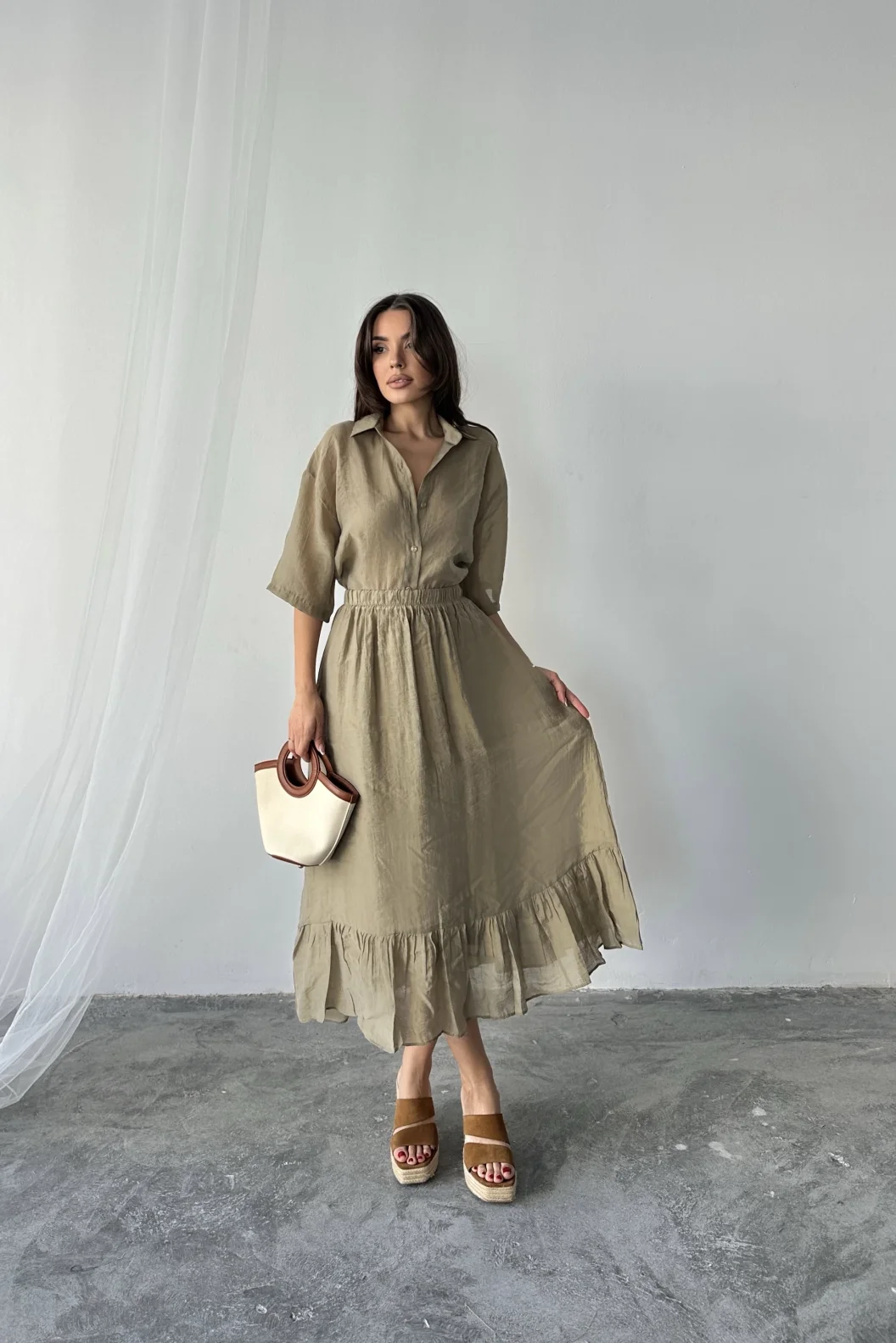 Haki Oversize Gömlek Etek Takım