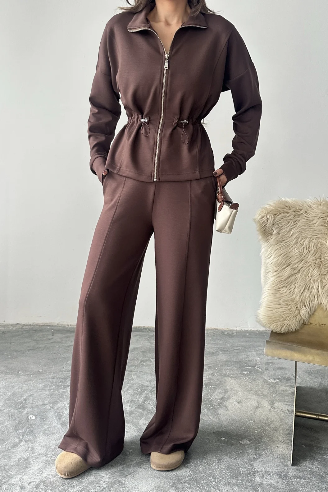 Kahve Bel Büzgülü Modal Takım