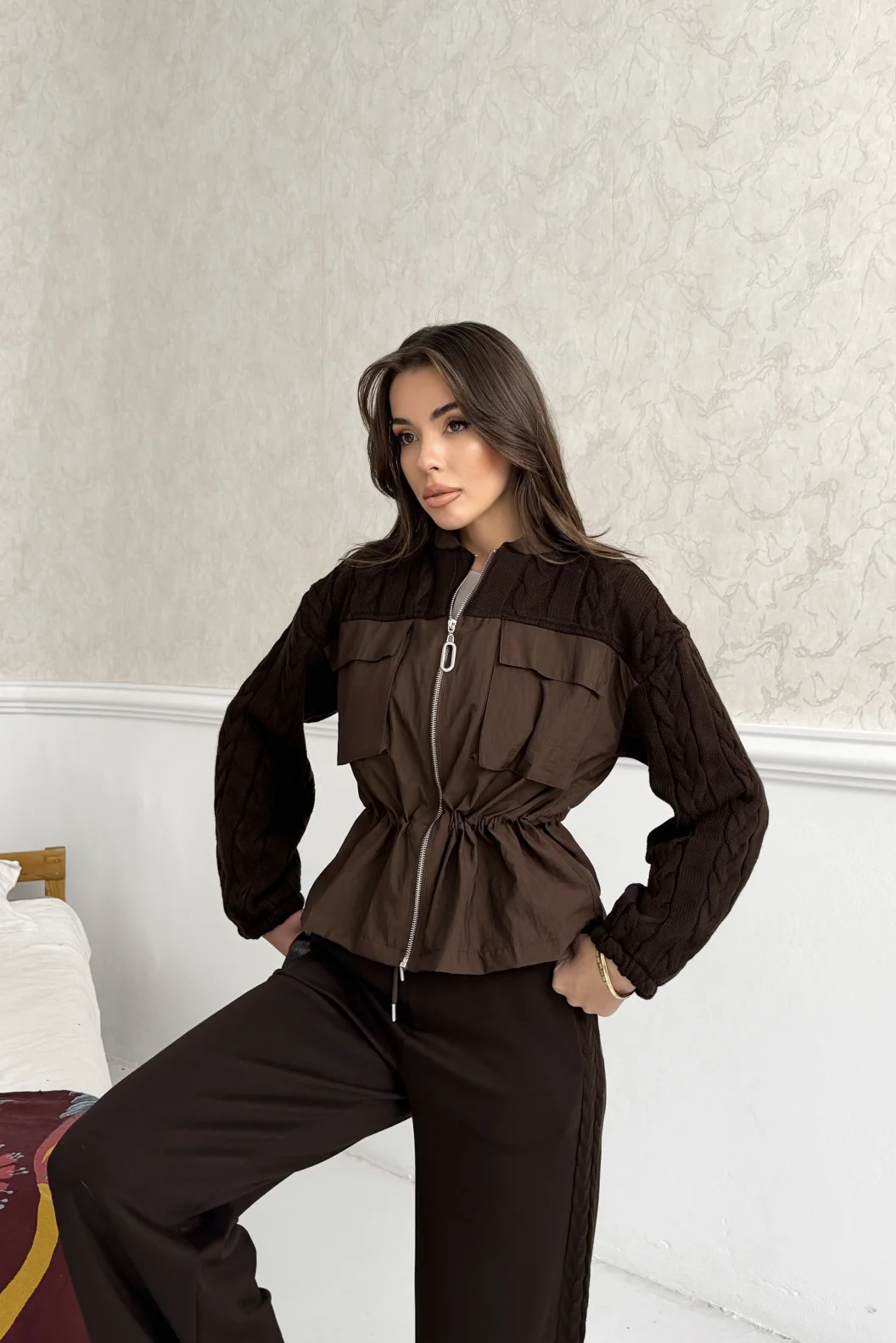 Kahve Beli Lastikli Ceket Pantolon Paraşüt Örgü Detaylı Modal Takım