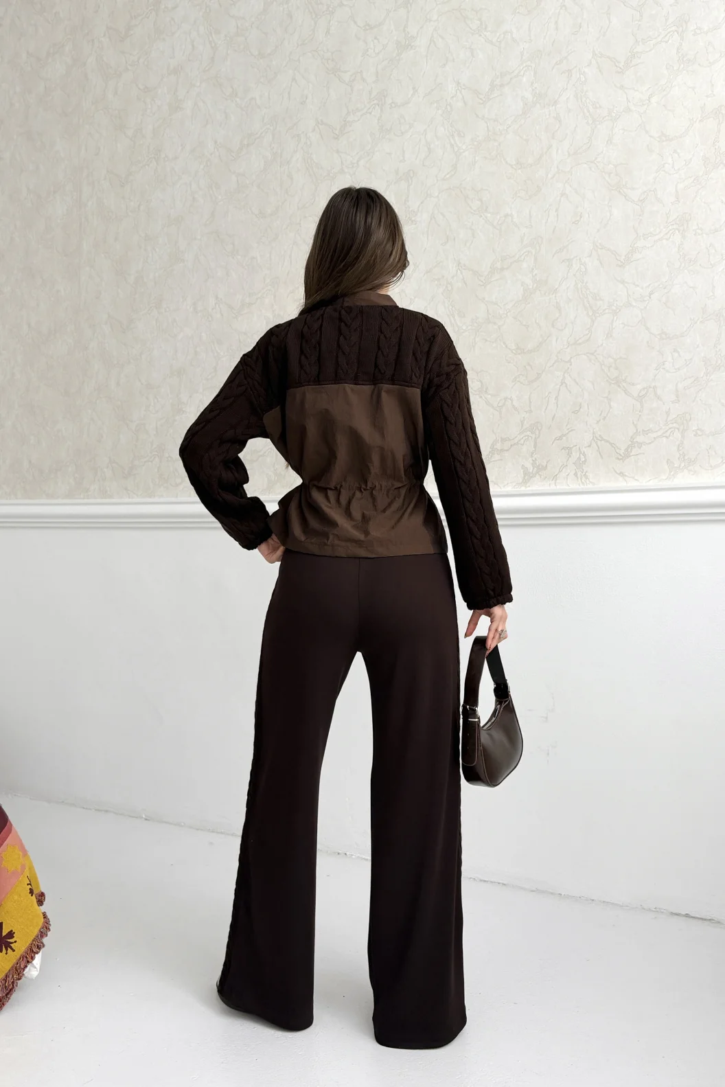 Kahve Beli Lastikli Ceket Pantolon Paraşüt Örgü Detaylı Modal Takım