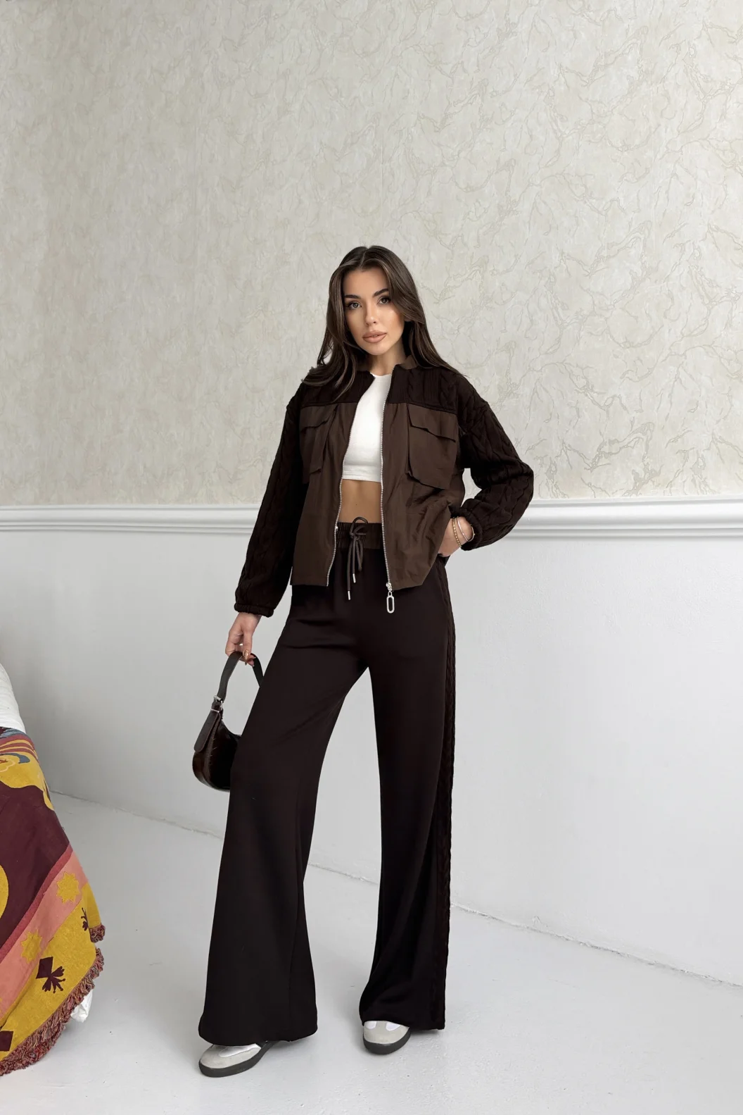 Kahve Beli Lastikli Ceket Pantolon Paraşüt Örgü Detaylı Modal Takım