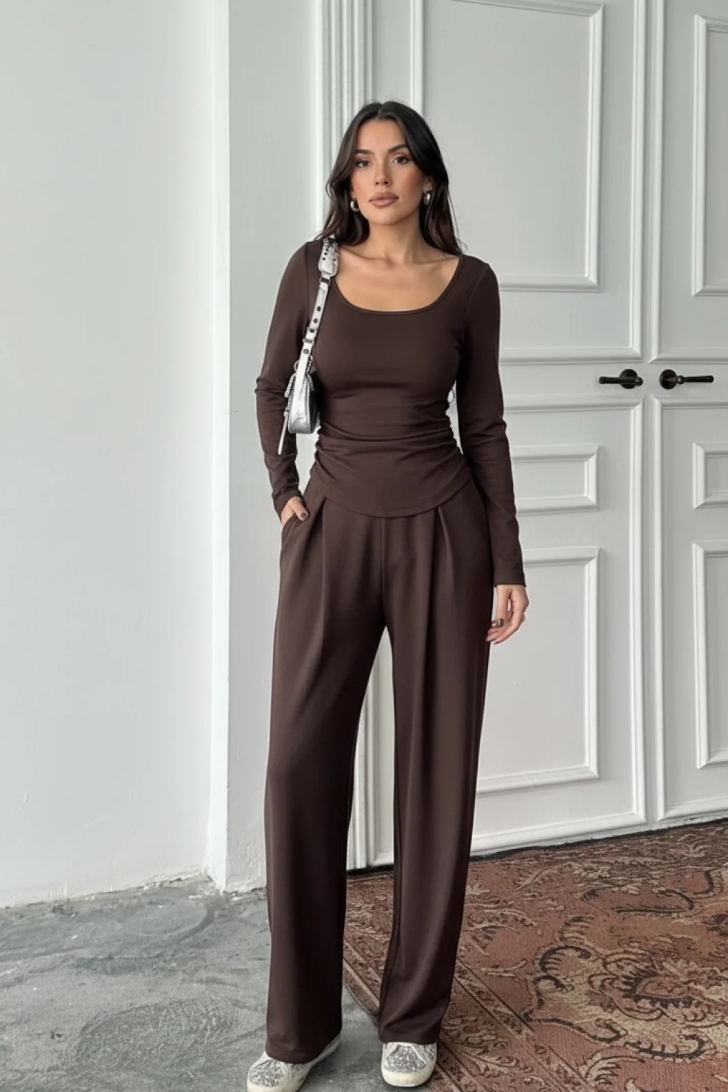 Kahve Kare Yaka Büzgülü Modal Takım