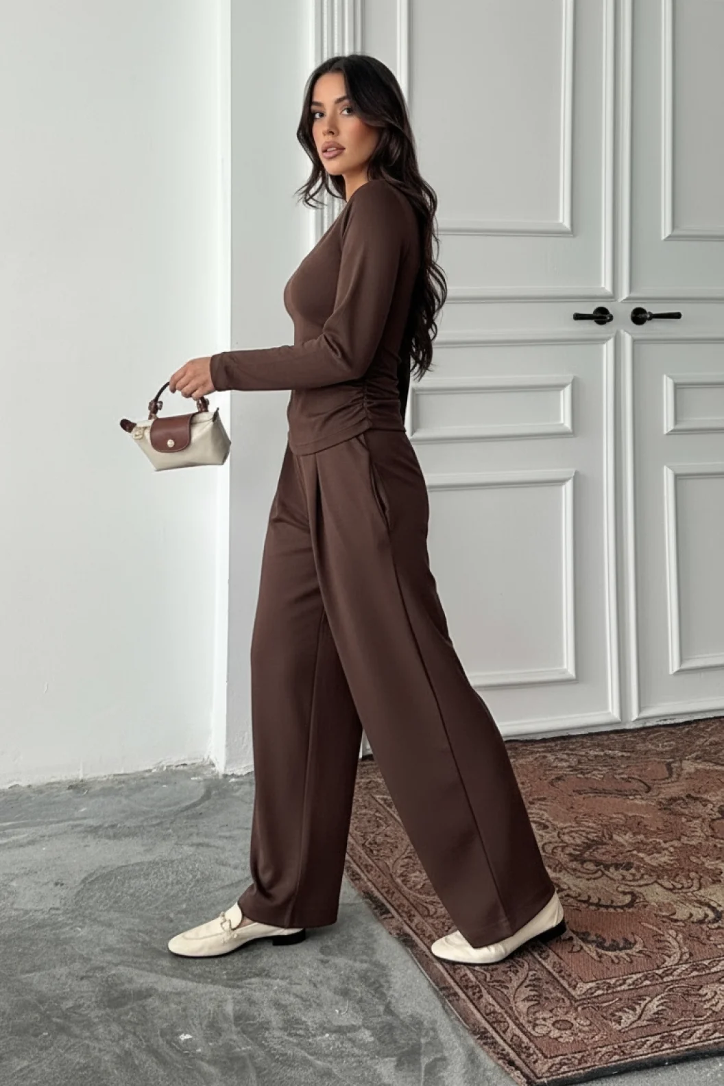 Kahve Kare Yaka Büzgülü Modal Takım