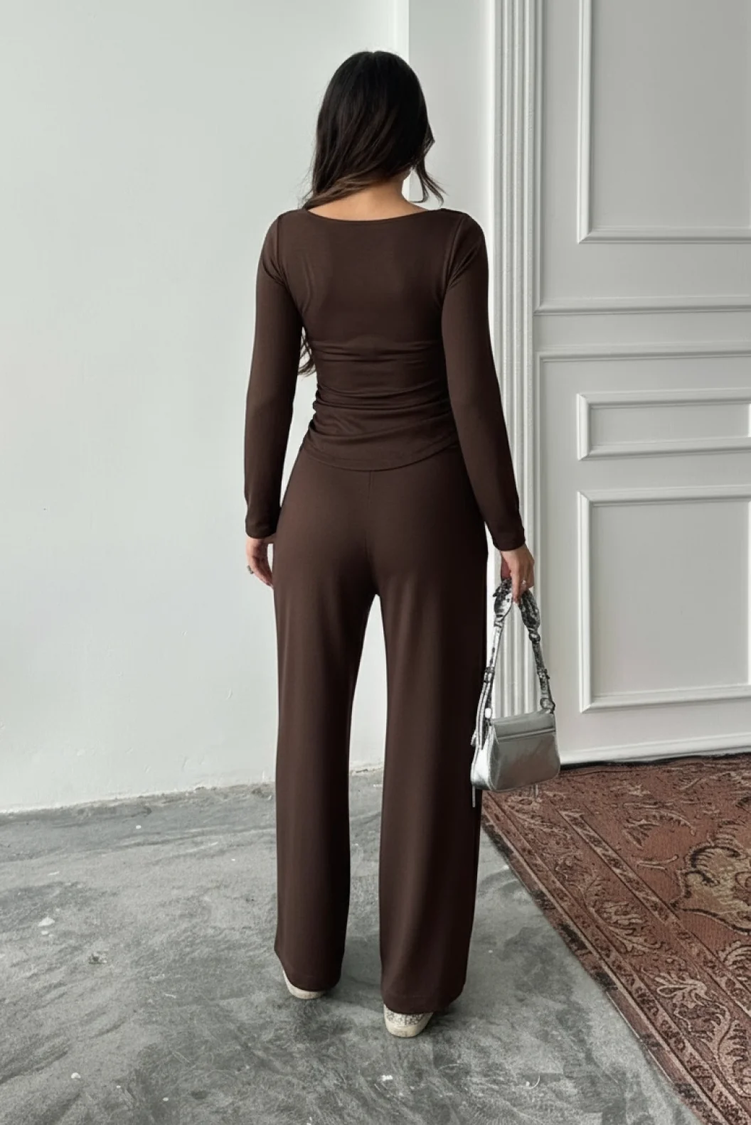 Kahve Kare Yaka Büzgülü Modal Takım