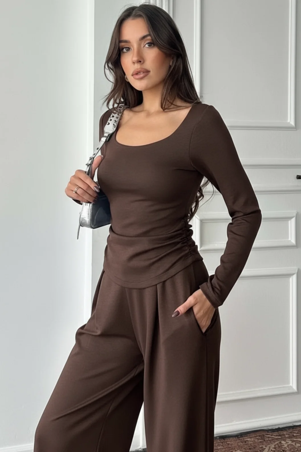 Kahve Kare Yaka Büzgülü Modal Takım