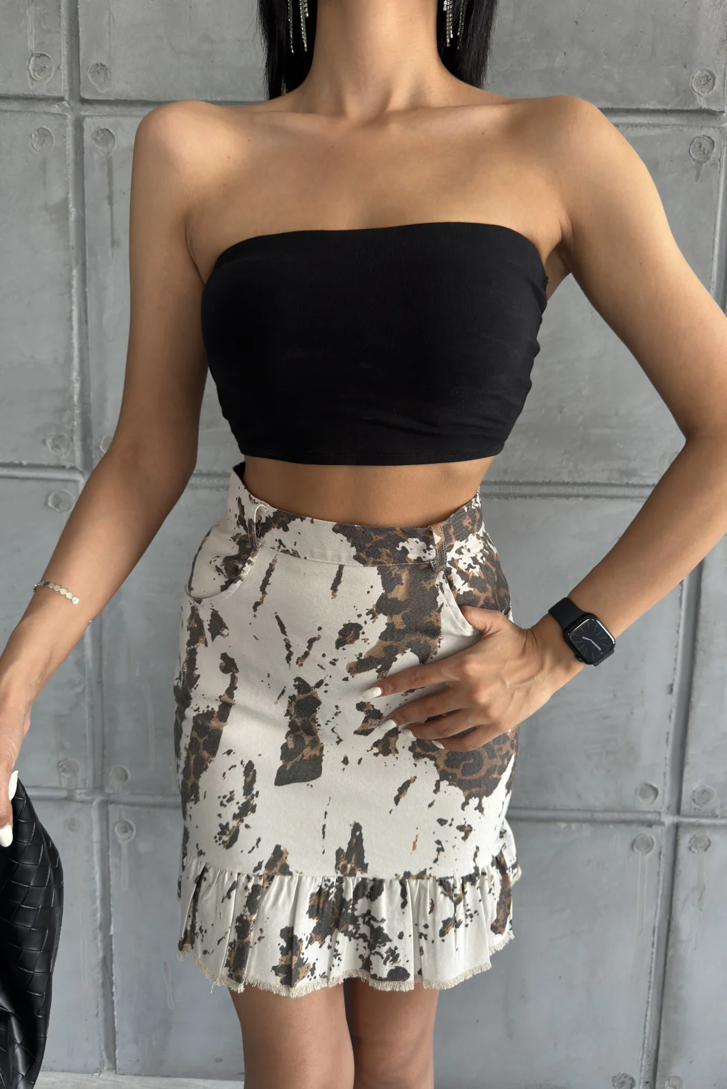 Kahve Leopar Desenli Etek