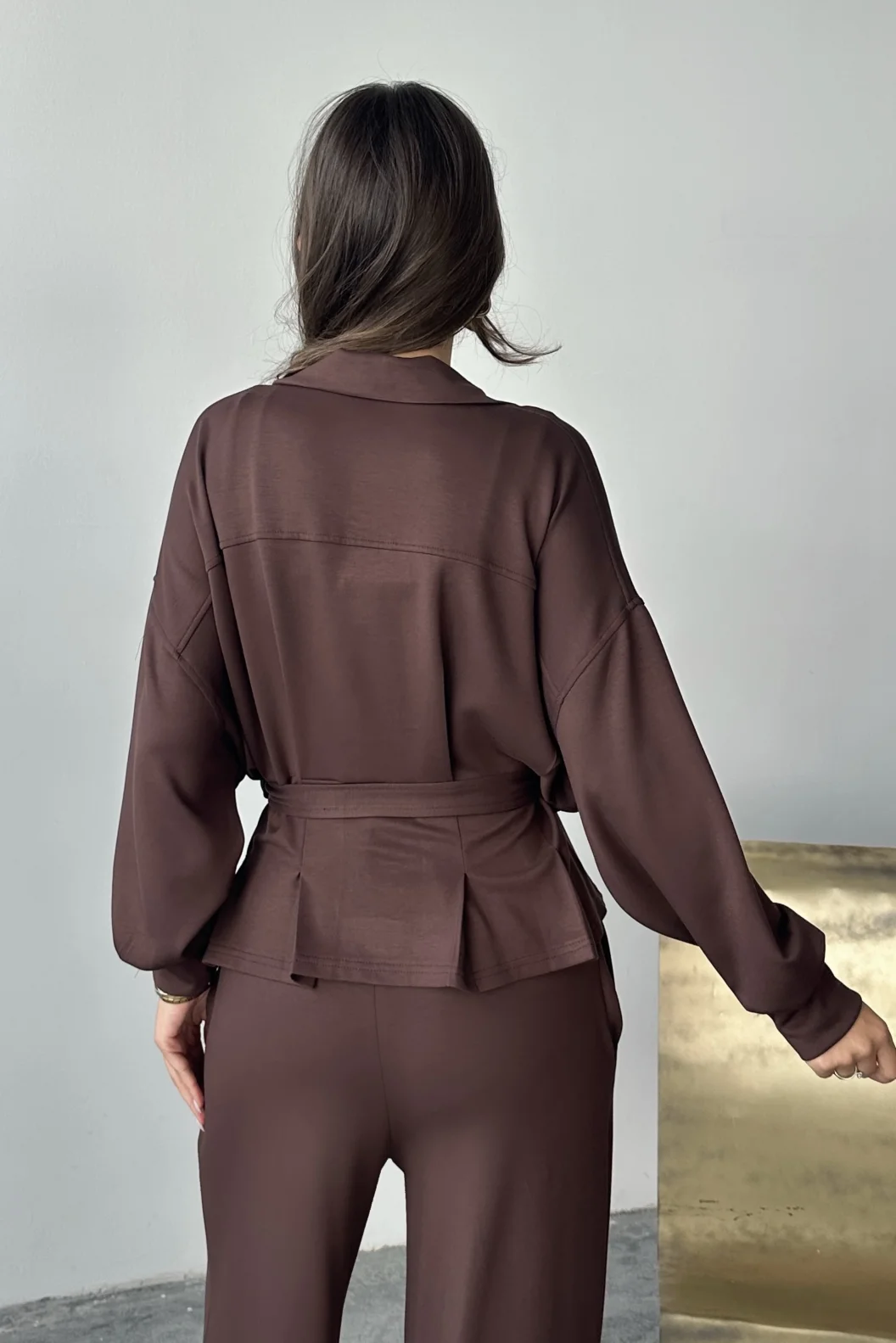 Kahve Modal Pileli Bağlamalı Ceket Takım