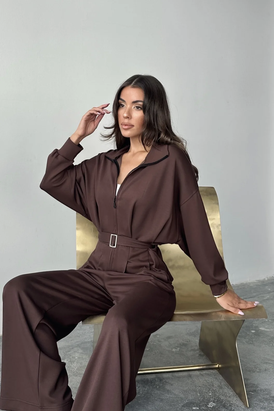 Kahve Modal Pileli Bağlamalı Ceket Takım