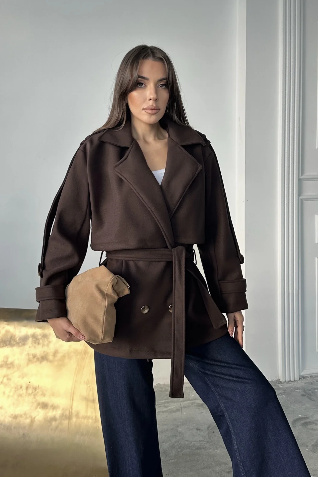 Kahve Modern Kesim Bordo Kaşe Kaban