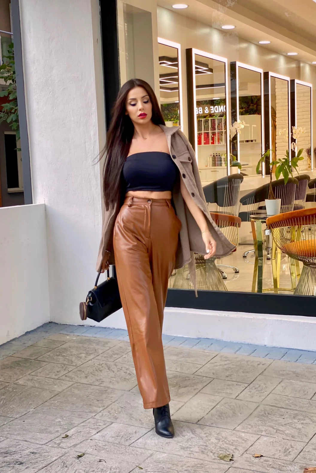 Kahve Palazzo Deri Pantolon