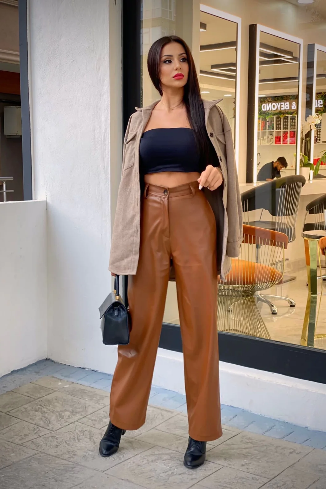 Kahve Palazzo Deri Pantolon