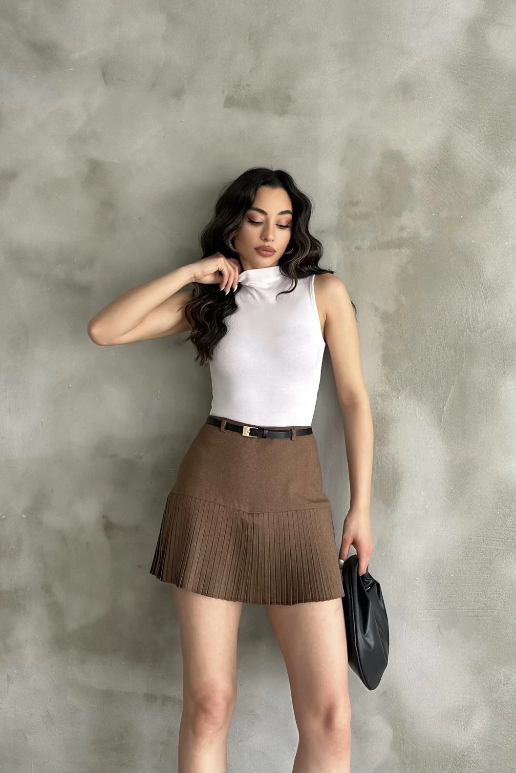 Kahve Pile Detaylı Poliviskon Etek