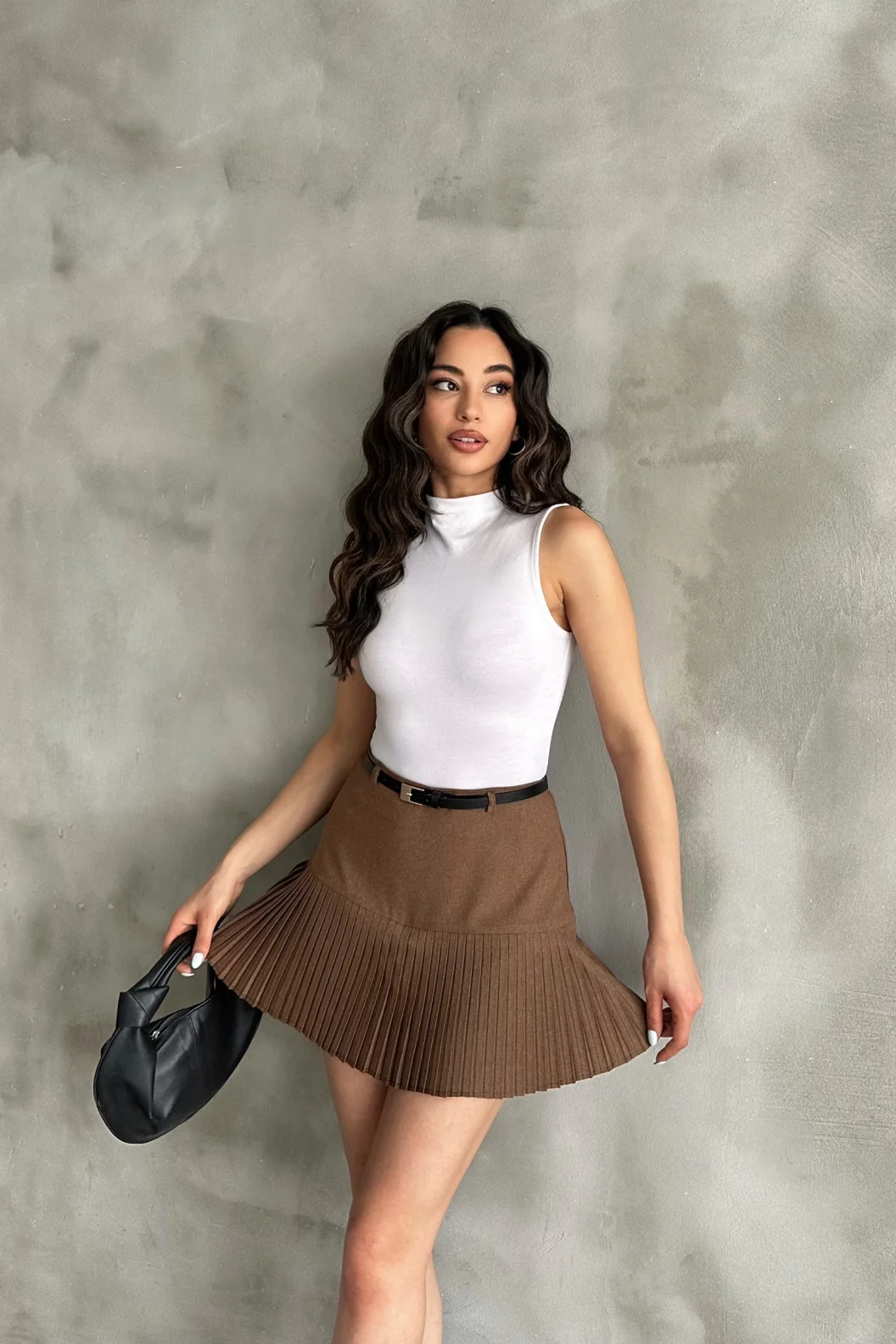 Kahve Pile Detaylı Poliviskon Etek