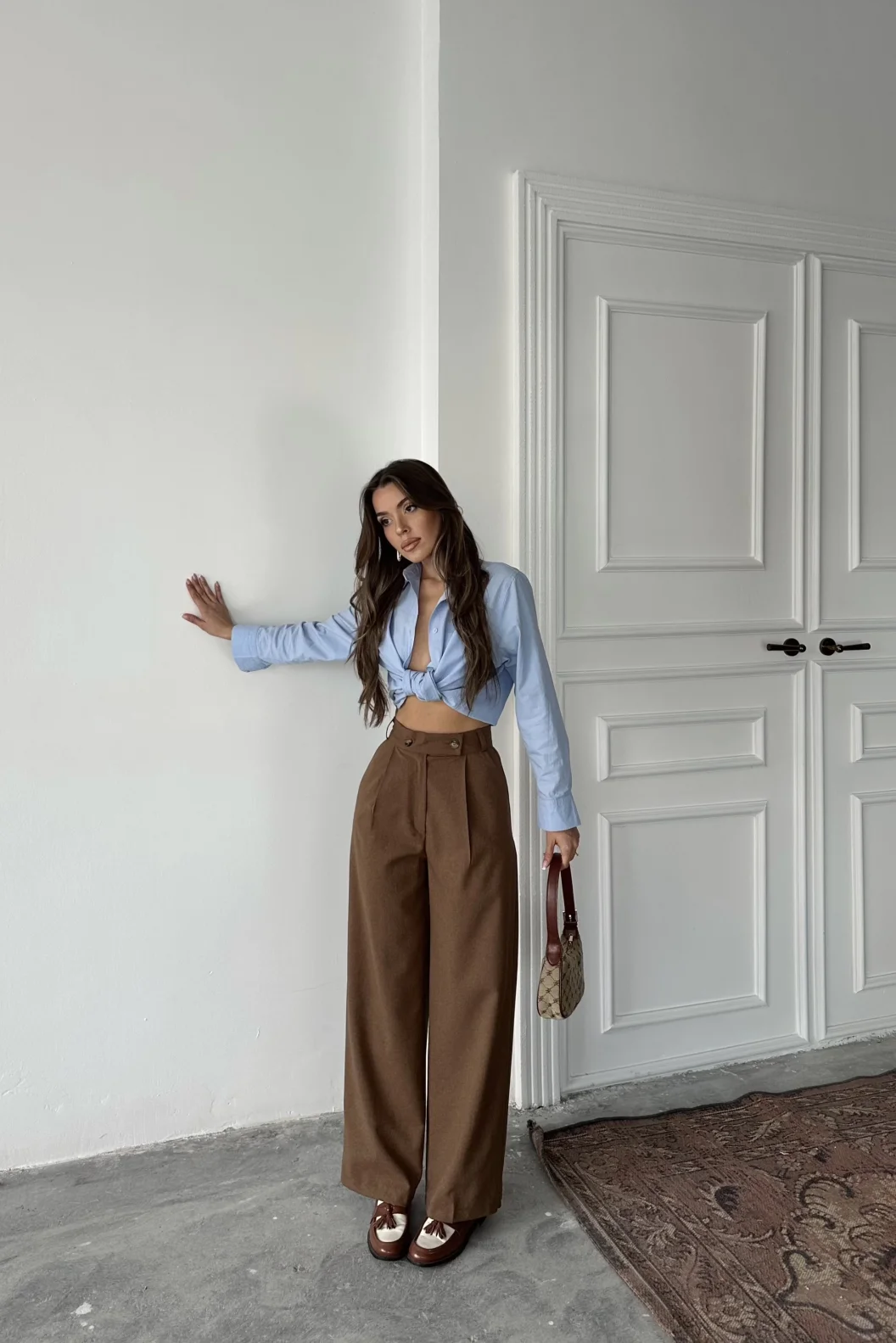 Kahve Poliviskon Çift Düğme Palazzo Pantolon