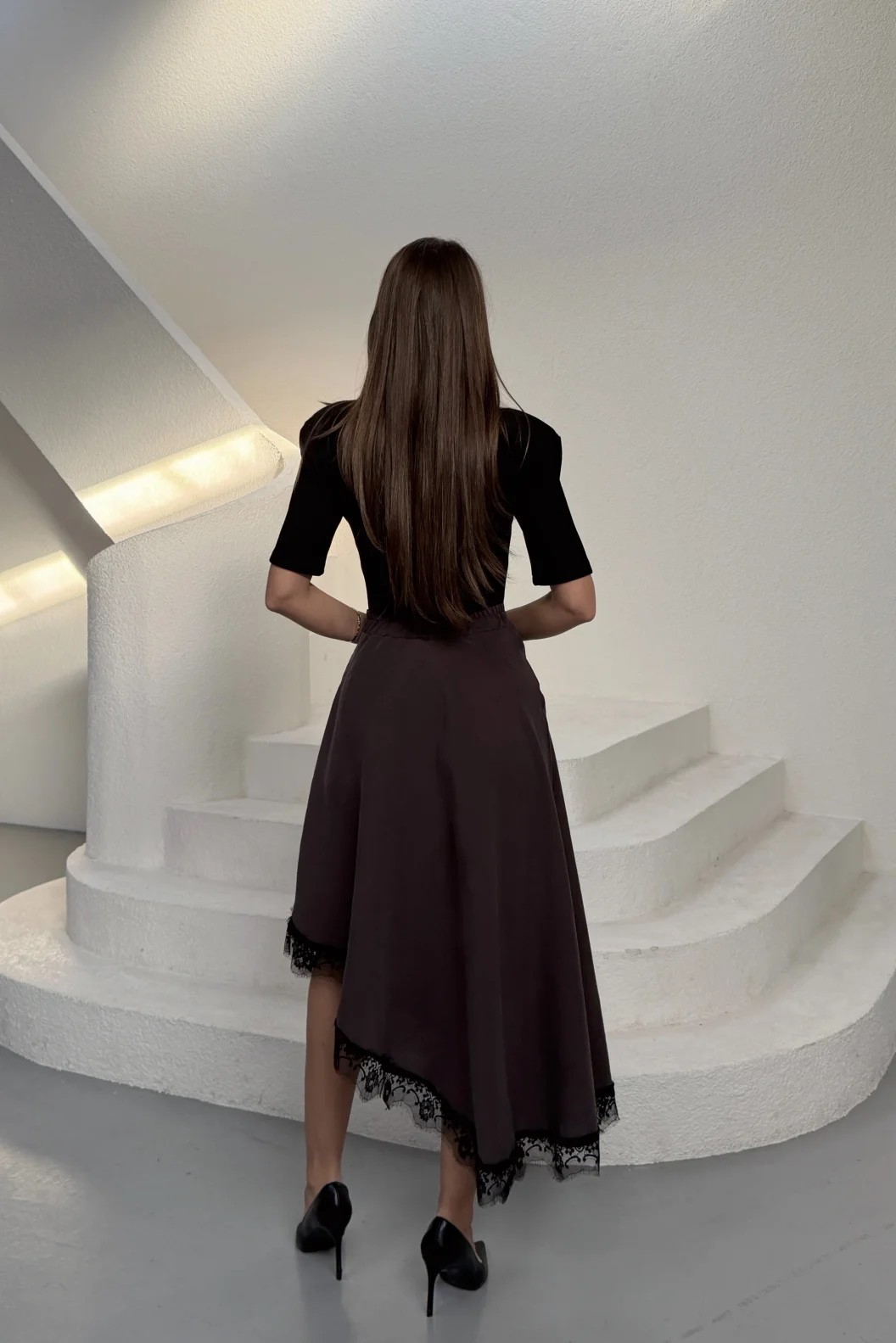 Kahverengi Modal Dantelli Etek