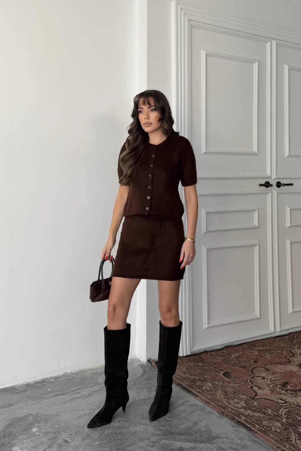 Kahverengi Yün Karışımlı Etek Takım