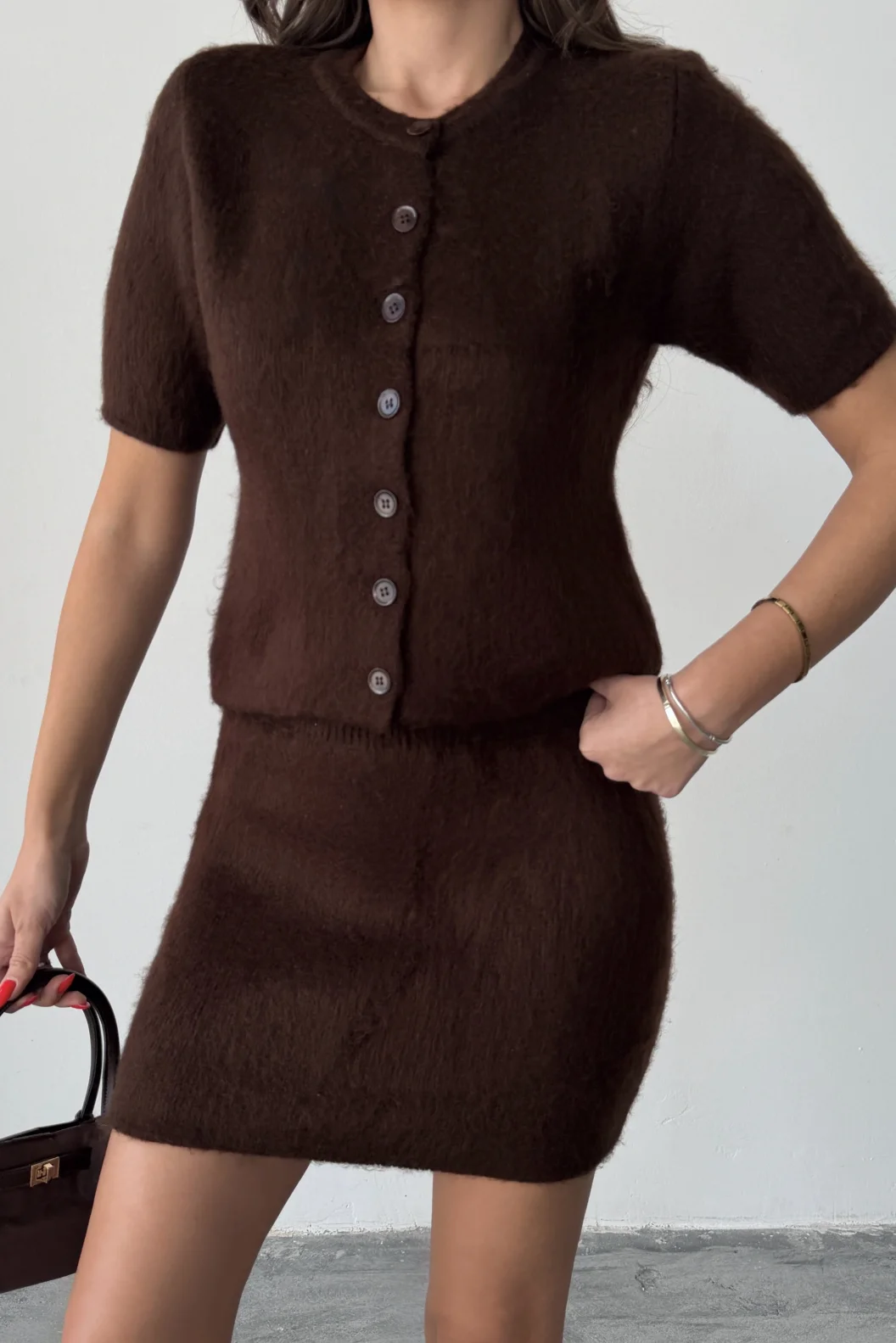 Kahverengi Yün Karışımlı Etek Takım