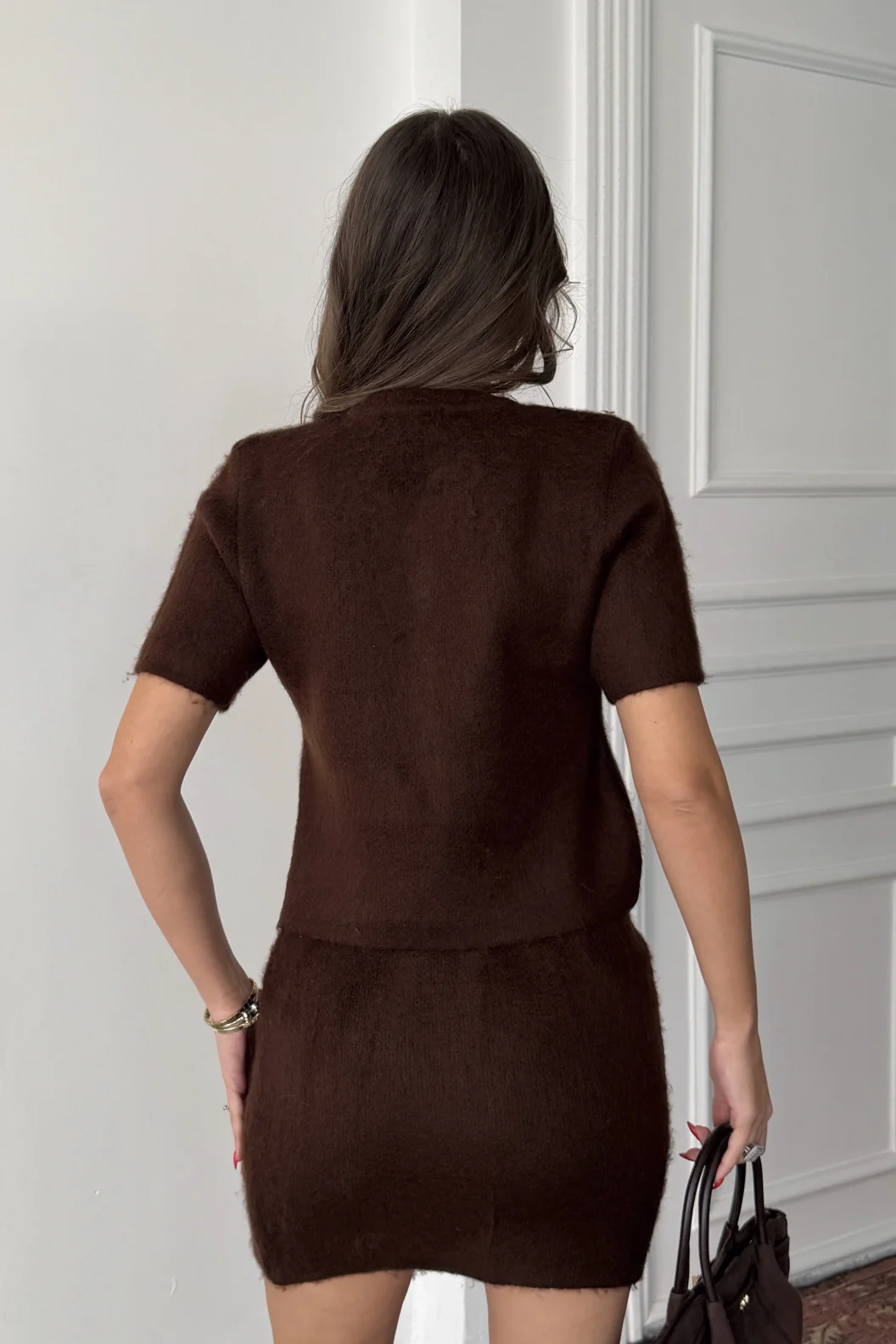 Kahverengi Yün Karışımlı Etek Takım