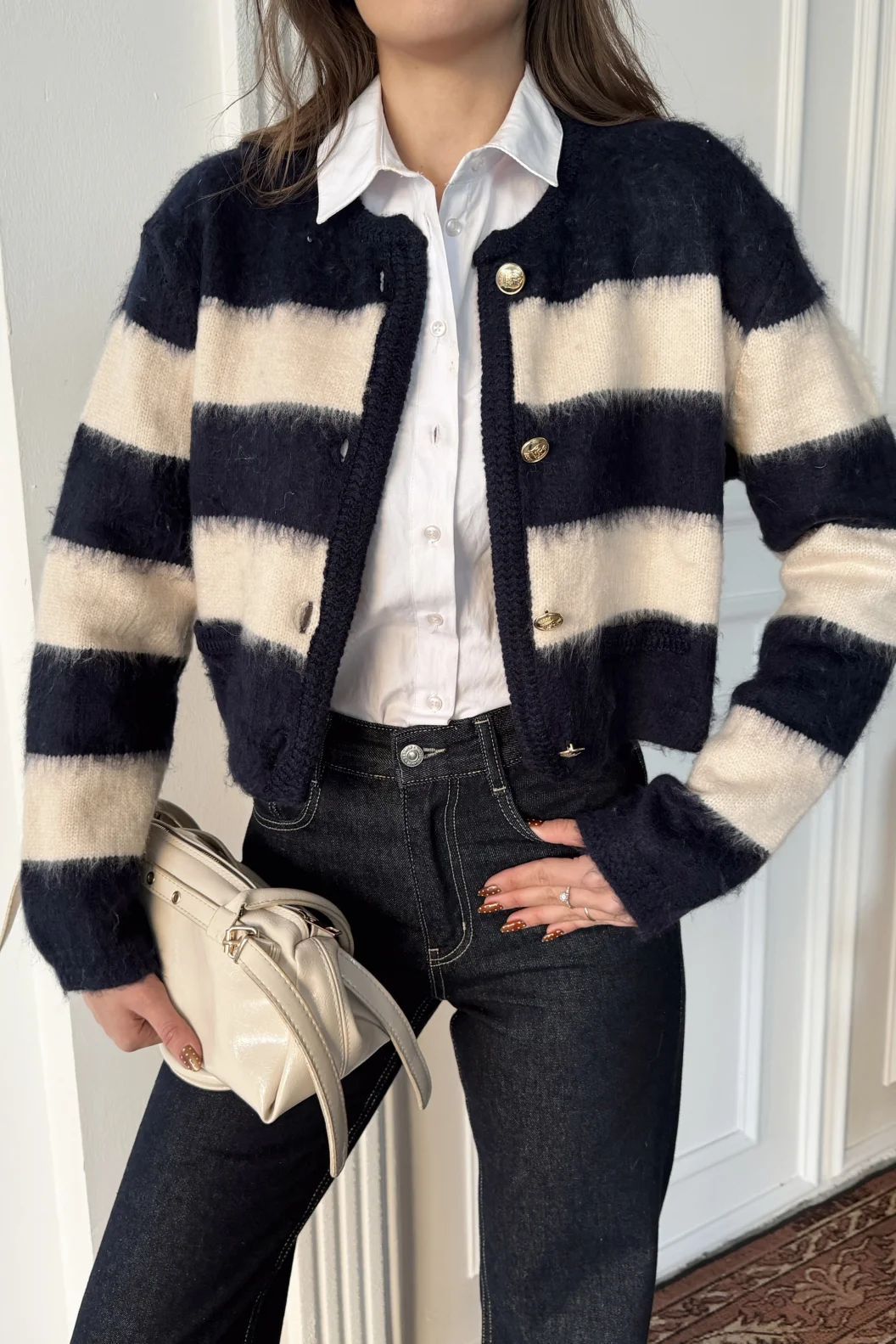 Lacivert Çizgili Triko Hırka