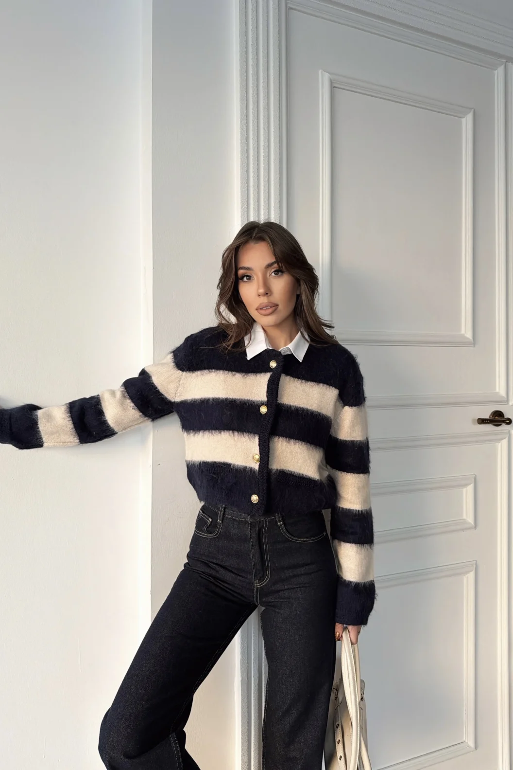 Lacivert Çizgili Triko Hırka