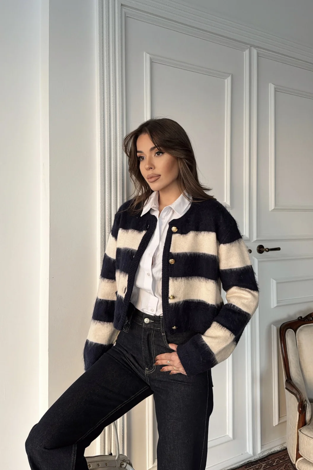 Lacivert Çizgili Triko Hırka