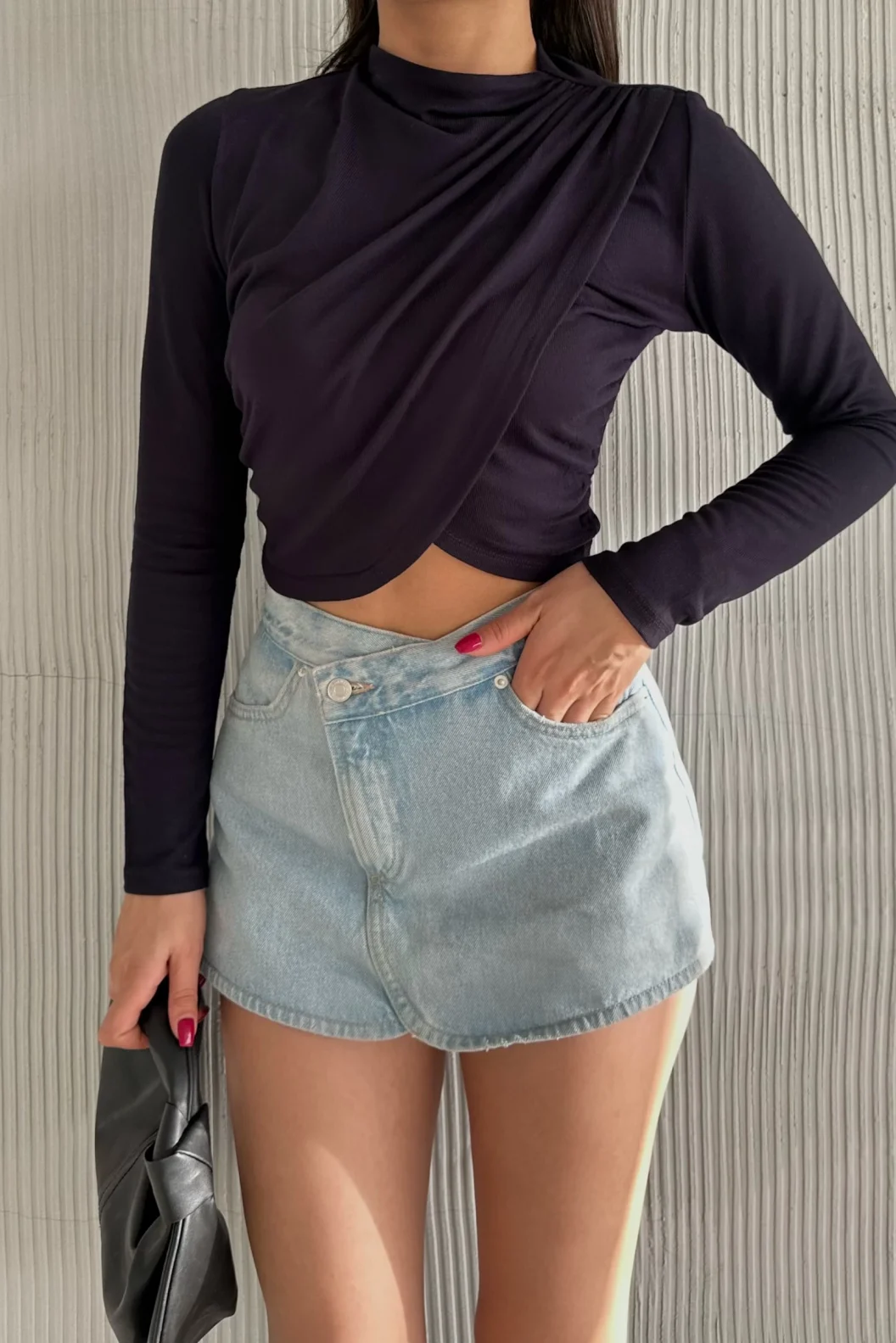 Lacivert Kruvaze Omuz Büzgülü Bluz