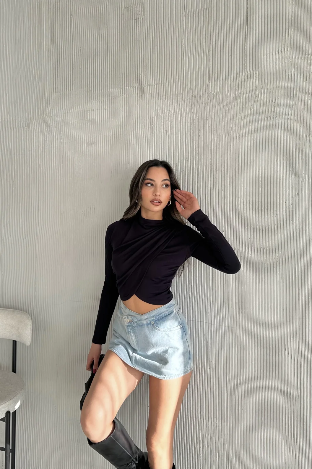 Lacivert Kruvaze Omuz Büzgülü Bluz