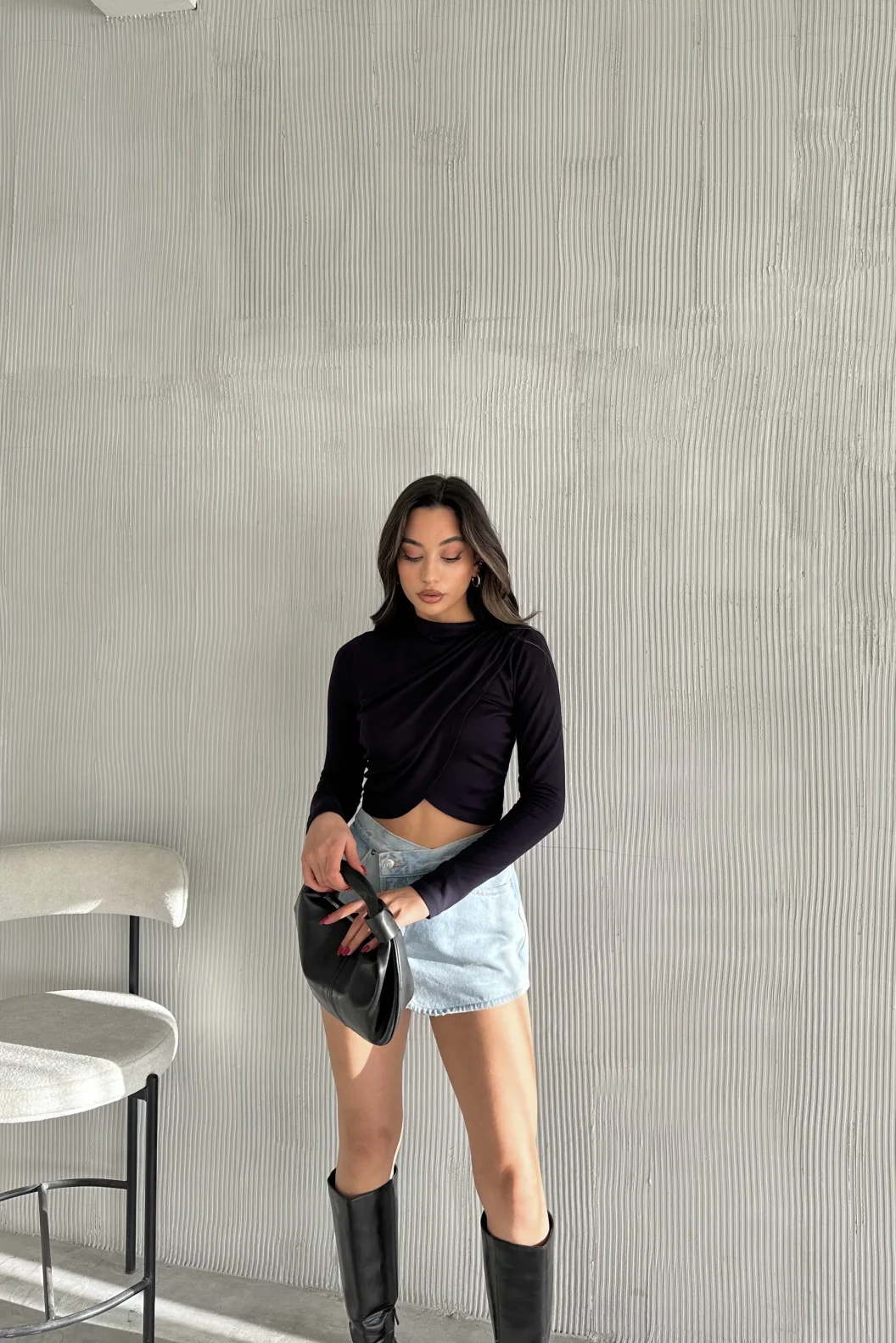 Lacivert Kruvaze Omuz Büzgülü Bluz