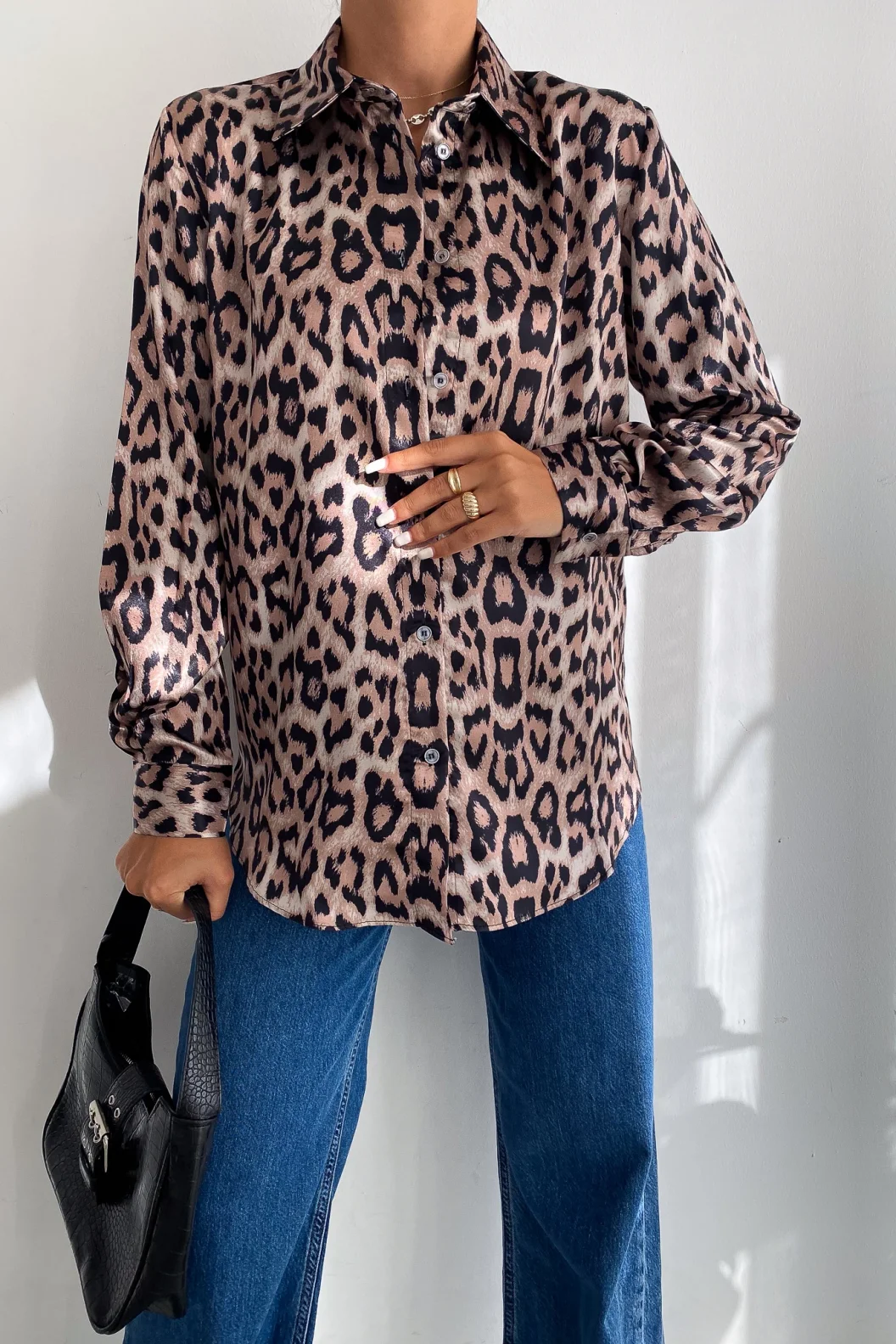 Leopar Saten Oversize Gömlek