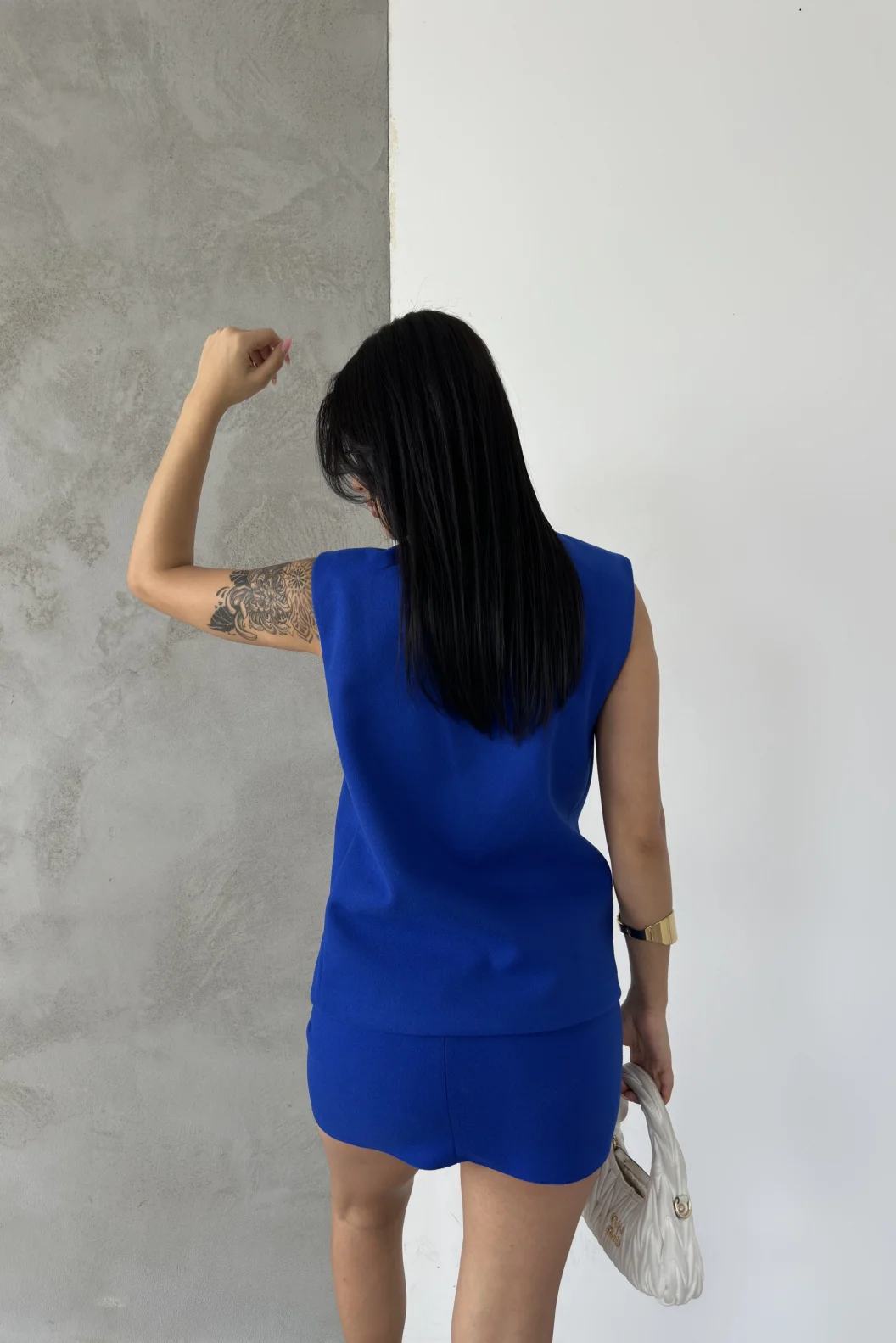 Mavi Kaşe Kruvaze Oversize Yelek Etek Takım