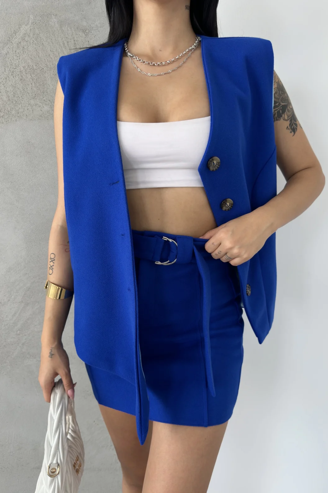 Mavi Kaşe Kruvaze Oversize Yelek Etek Takım
