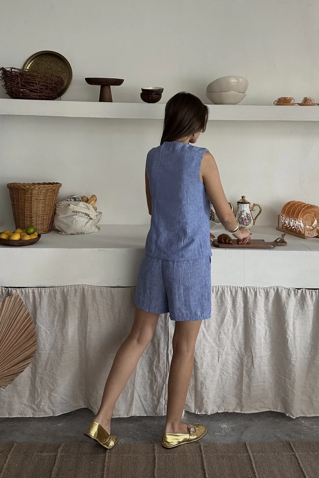 Mavi Keten Tek Düğme Yelekli Şortlu Takım