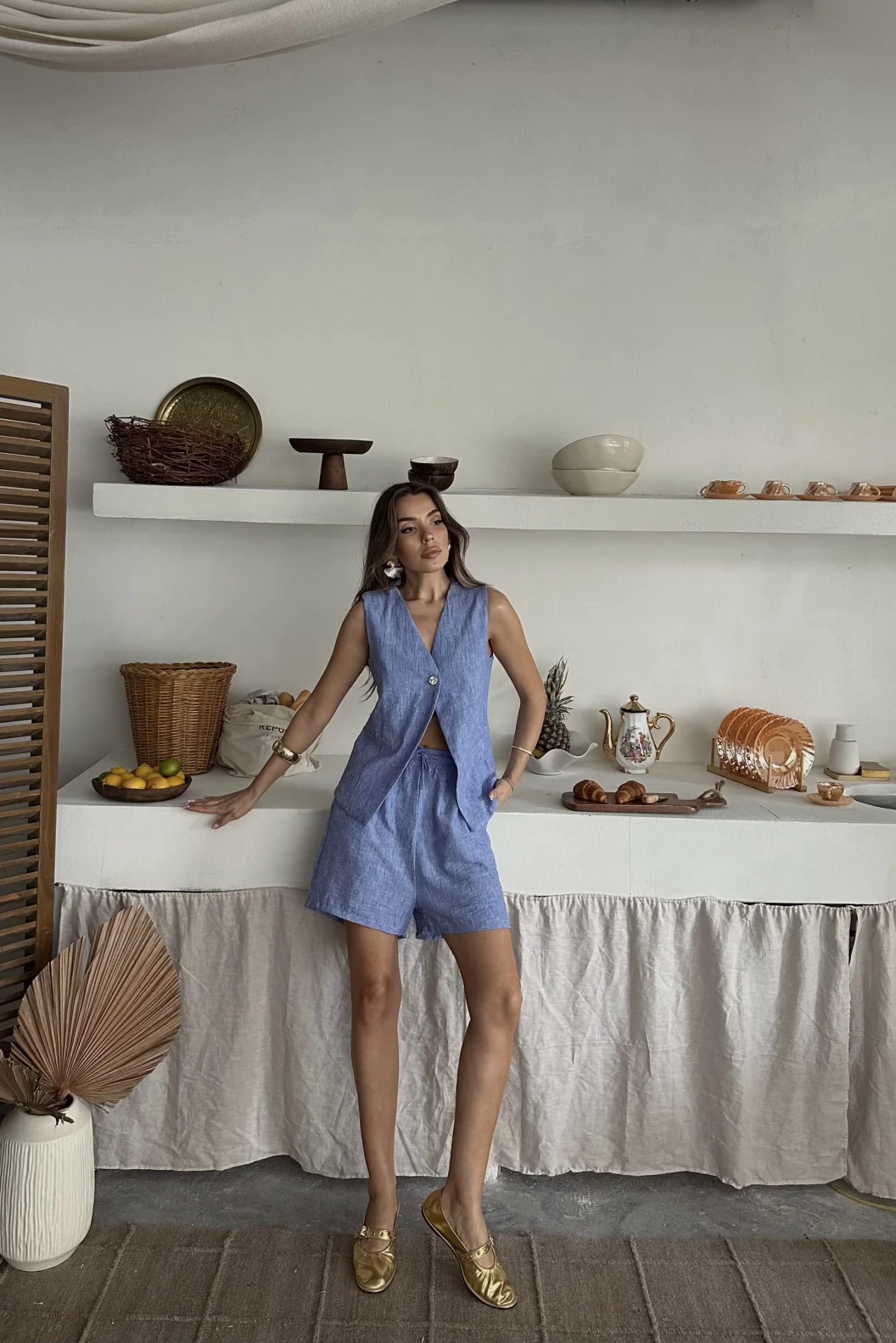 Mavi Keten Tek Düğme Yelekli Şortlu Takım