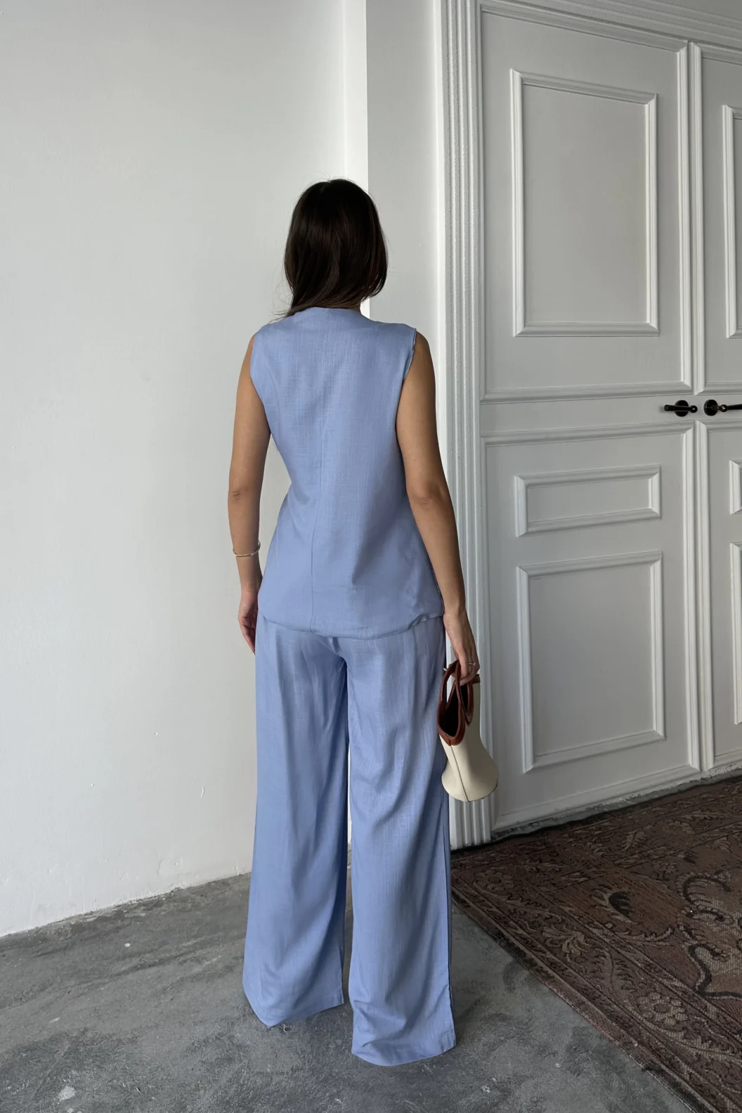 Mavi Keten Tokalı Bağlamalı Yelek Takım