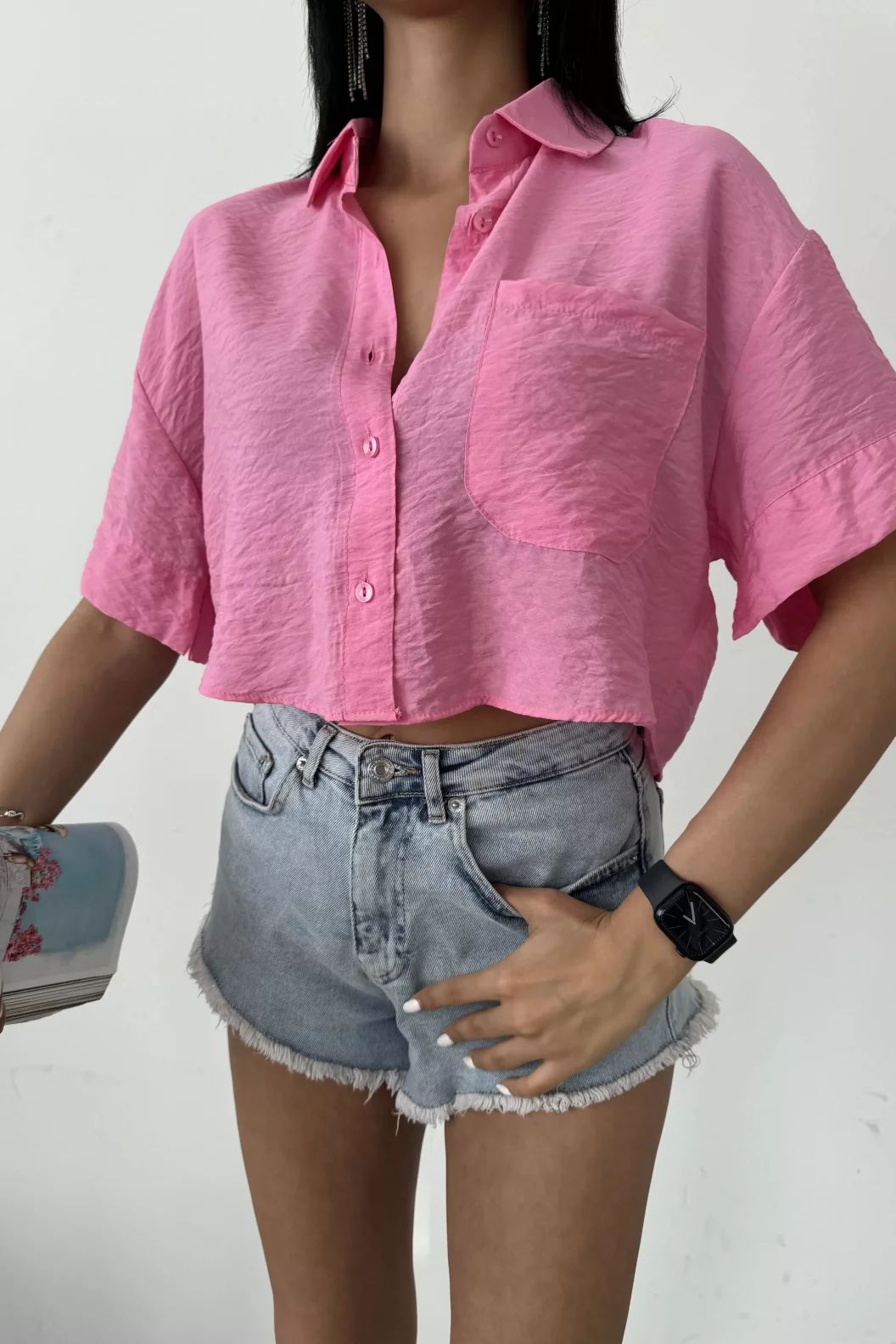 Pembe Tensel Crop Cepli Gömlek