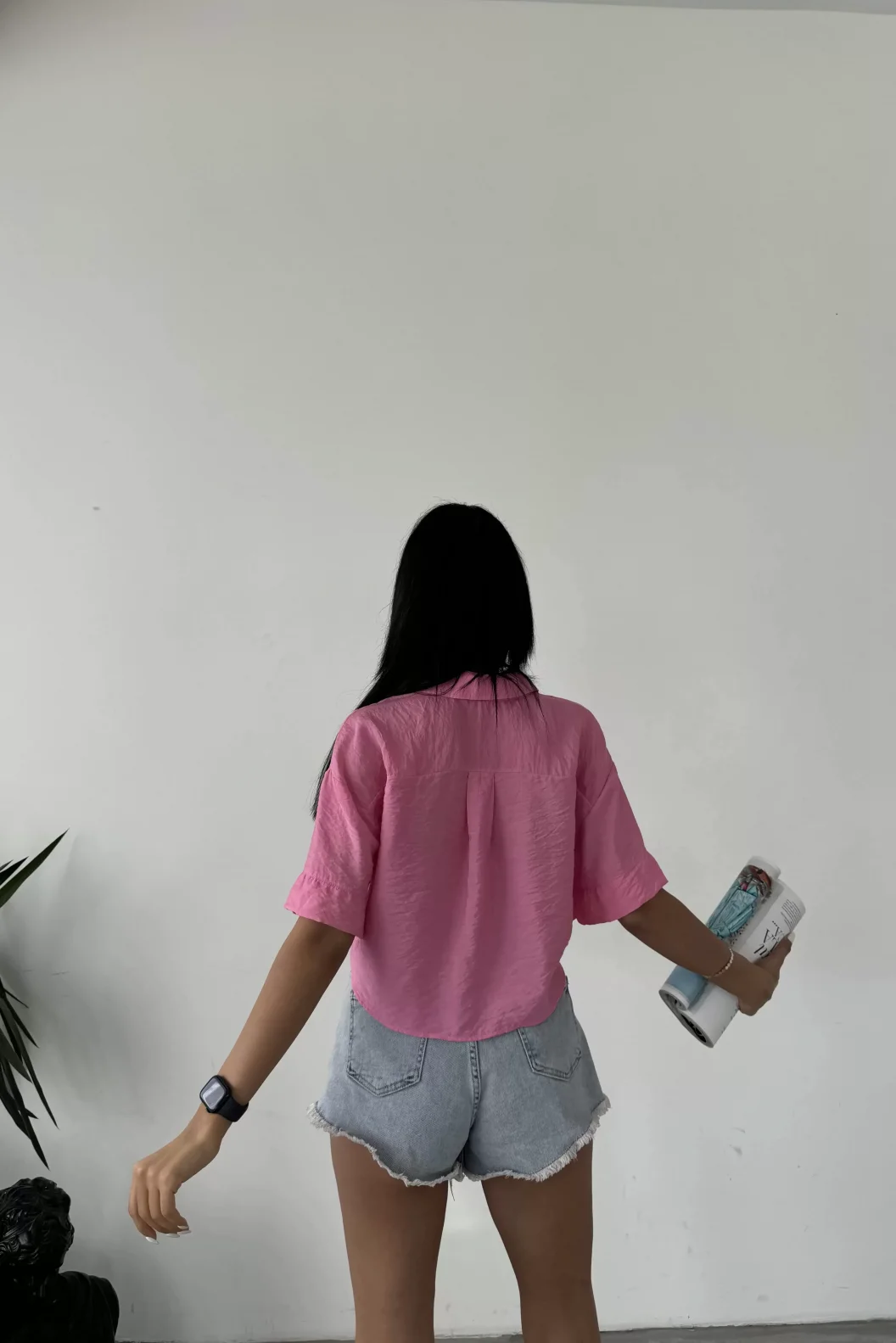 Pembe Tensel Crop Cepli Gömlek