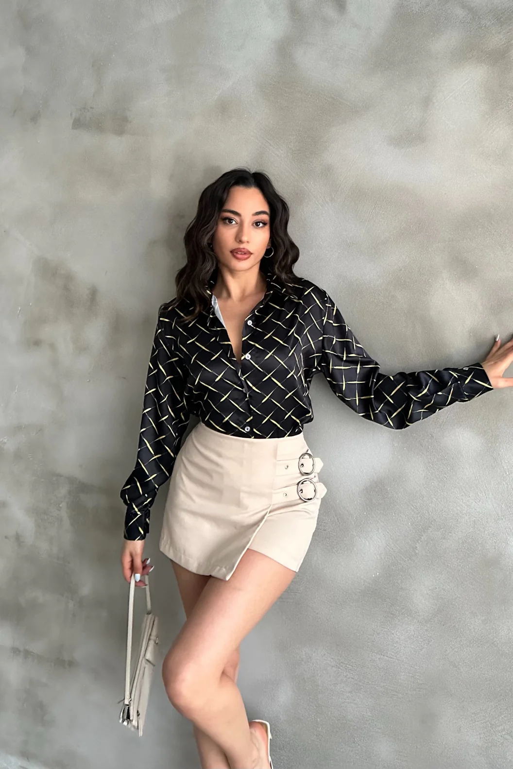 Sarı Çizgi Desen Saten Oversize Gömlek