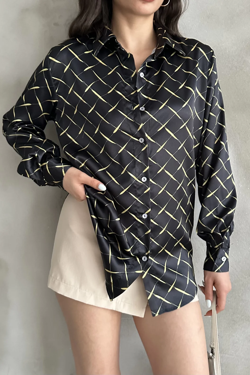 Sarı Çizgi Desen Saten Oversize Gömlek