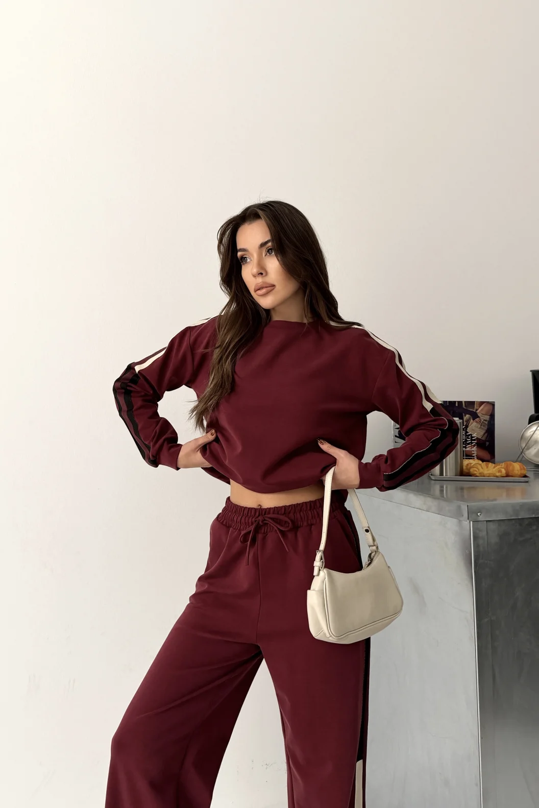 Bordo Şerit Detay Double İnterlok Takım