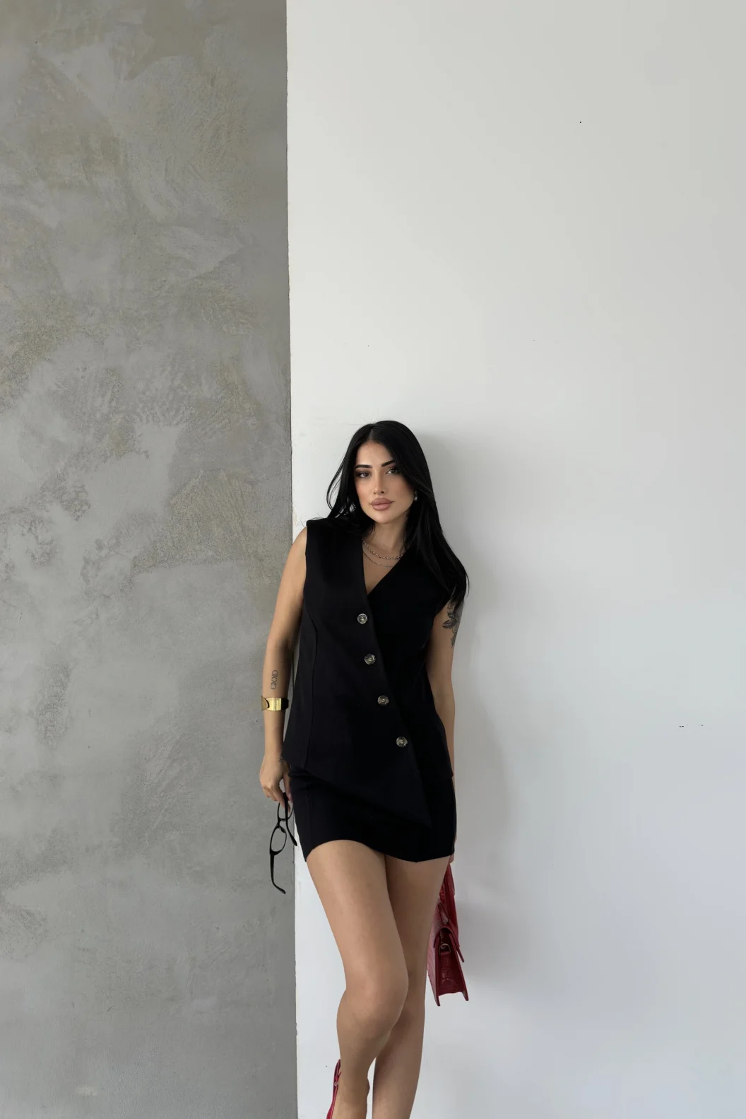 Siyah Kaşe Kruvaze Oversize Yelek Etek Takım